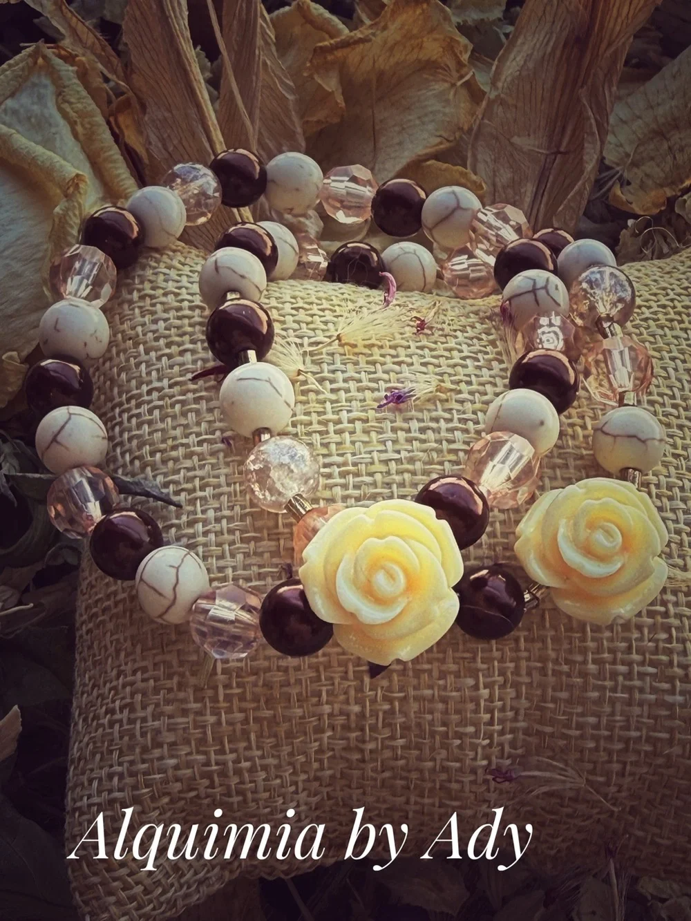 Cream turquoise Rose and Brown pearl Beaded Bracelet Set